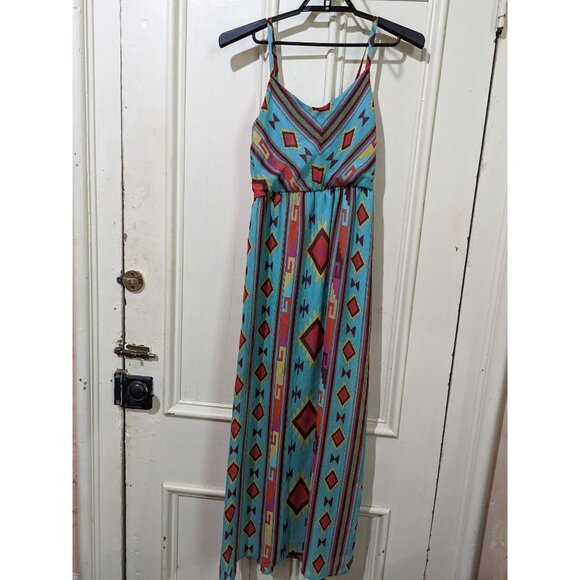 Sapphire Dollz Womens Aztec Print Spaghetti Strap Maxi Dress Blue Multicolor Bol - Picture 5 of 10
